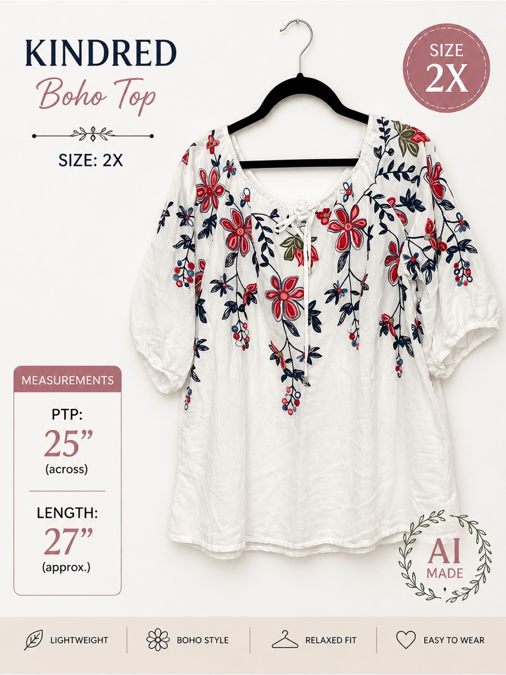 Kindred 2X Boho Tunic Plus Size Flowy Blouse